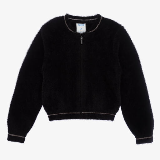 Mayoral-Girls Black Fluffy Knitted Zip-Up Top | Childrensalon Outlet