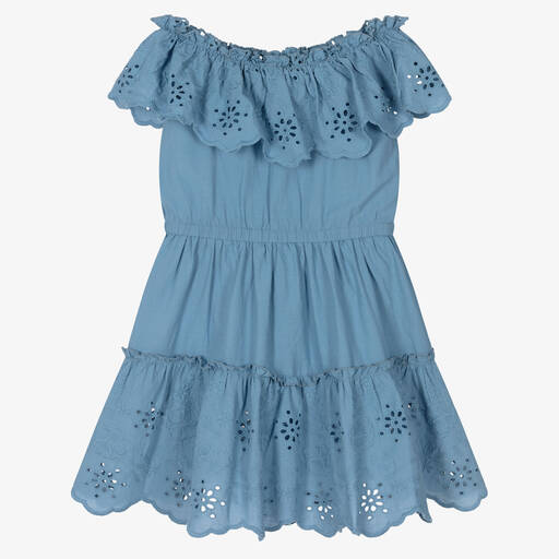 Mayoral-Girls Blue Cotton Broderie Anglaise Dress | Childrensalon Outlet