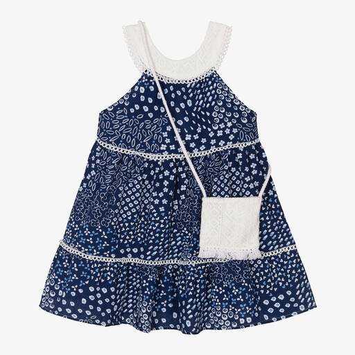 Mayoral-Girls Blue Cotton Dress & Ivory Bag Set | Childrensalon Outlet
