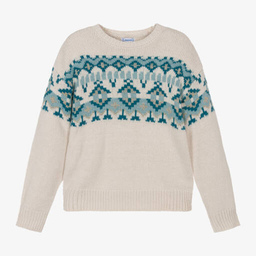 Mayoral-Girls Blue & Cream Fair Isle Sweater | Childrensalon Outlet