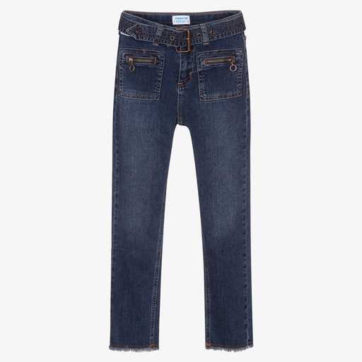Mayoral-Girls Blue Denim Cropped Jeans | Childrensalon Outlet