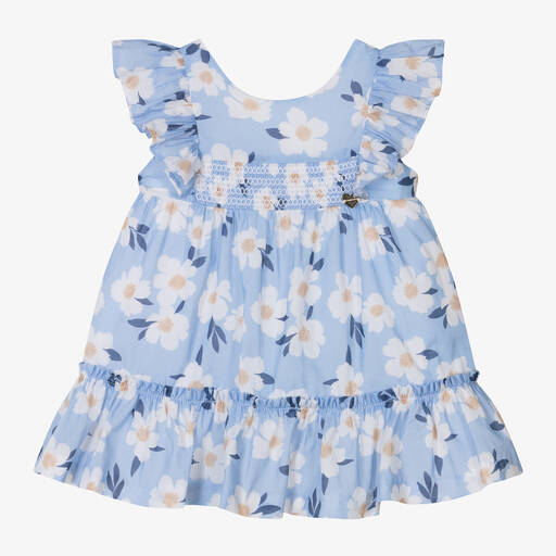 Mayoral-Girls Blue Floral Cotton Shirred Dress | Childrensalon Outlet