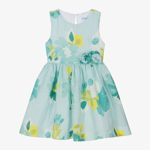 Mayoral-Girls Blue Floral Linen Dress | Childrensalon Outlet
