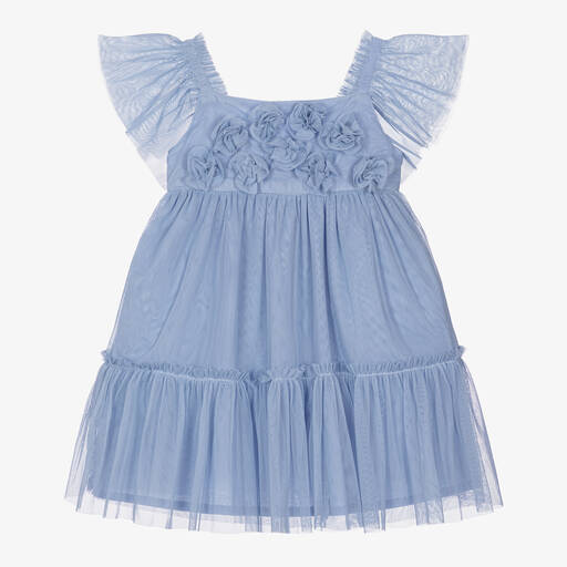 Mayoral-Girls Blue Floral Tulle Dress | Childrensalon Outlet