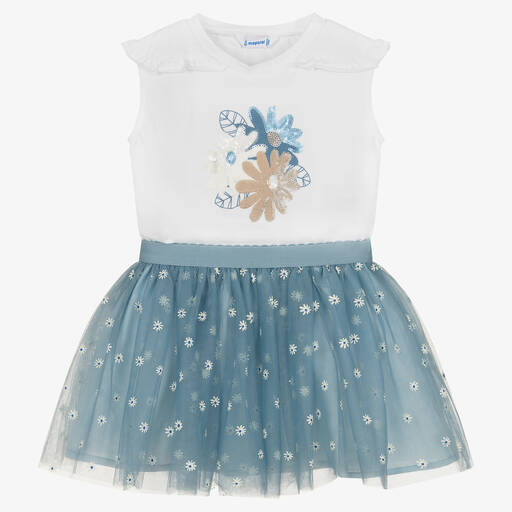 Mayoral-Футболка с цветами и голубая юбка из тюля | Childrensalon Outlet