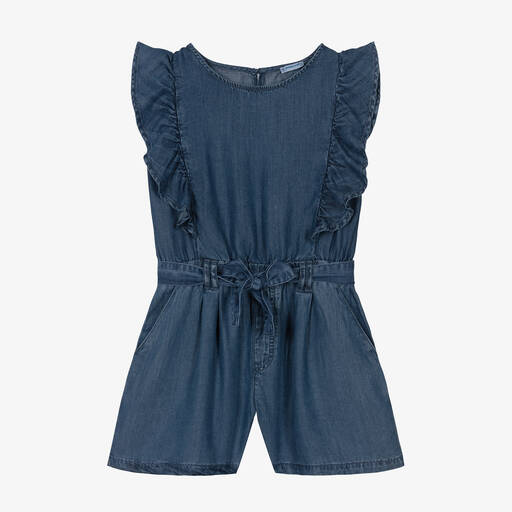 Mayoral-Girls Blue Ruffle Chambray Playsuit | Childrensalon Outlet