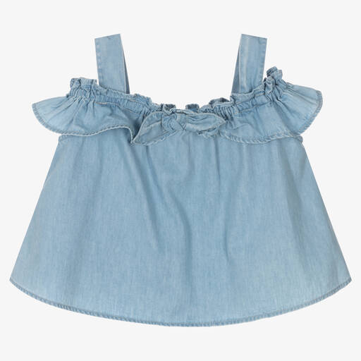 Mayoral-Girls Blue Ruffled Chambray Blouse | Childrensalon Outlet