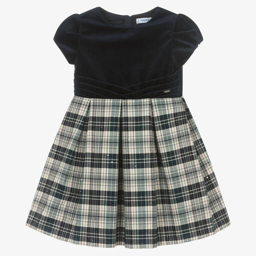 Mayoral-Girls Blue Velvet Tartan Dress | Childrensalon Outlet