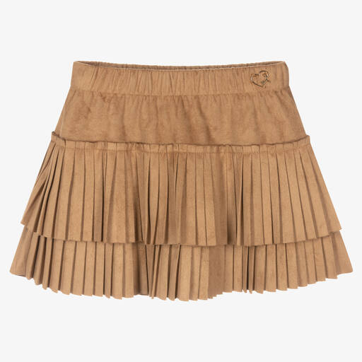 Mayoral-Girls Brown Faux Suede Pleated Skirt | Childrensalon Outlet