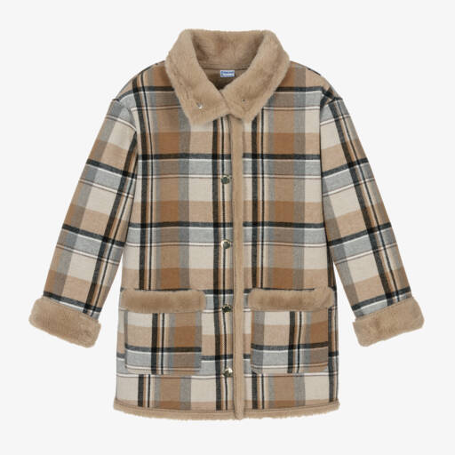 Mayoral-Girls Elegant Beige Plaid Overcoat | Childrensalon Outlet