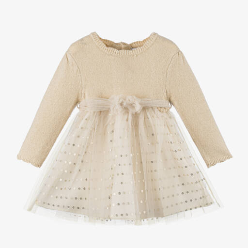 Mayoral-Girls Gold Knit and Tulle Dress | Childrensalon Outlet