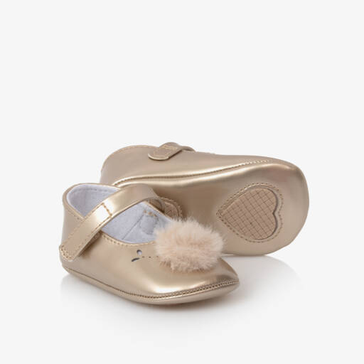 Mayoral Newborn-Girls Gold Pom-Pom Walker Shoes | Childrensalon Outlet