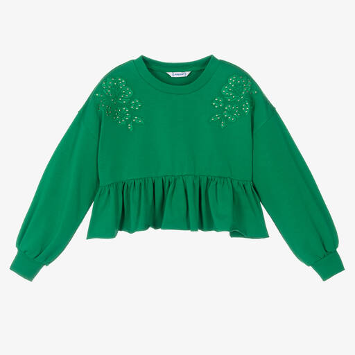 Mayoral-Girls Green Cotton Embroidered Sweatshirt | Childrensalon Outlet