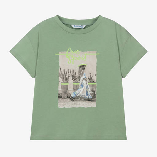 Mayoral-Girls Green Cotton Girl Print T-Shirt | Childrensalon Outlet
