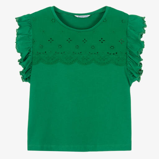 Mayoral-Girls Green Cotton Ruffle Sleeve T-Shirt | Childrensalon Outlet