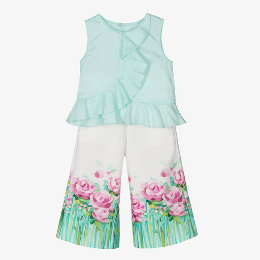 Mayoral-Girls Green & White Floral Trouser Set | Childrensalon Outlet