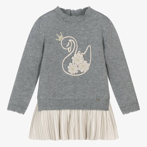 Mayoral-Girls Grey & Beige Pleated Dress | Childrensalon Outlet