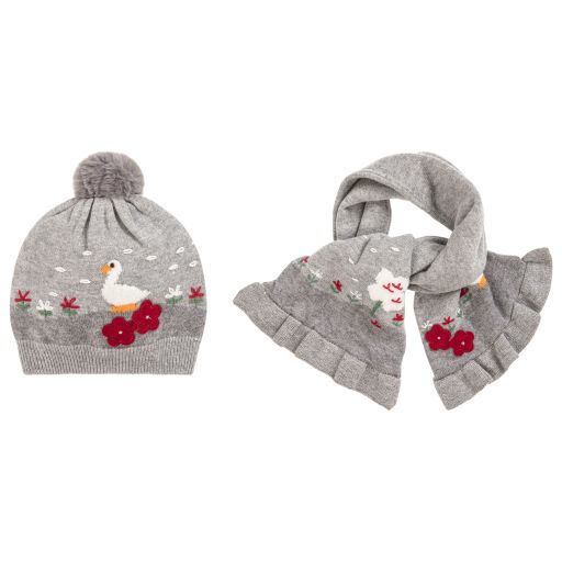 Mayoral-Girls Grey Cotton Knit Hat Set | Childrensalon Outlet