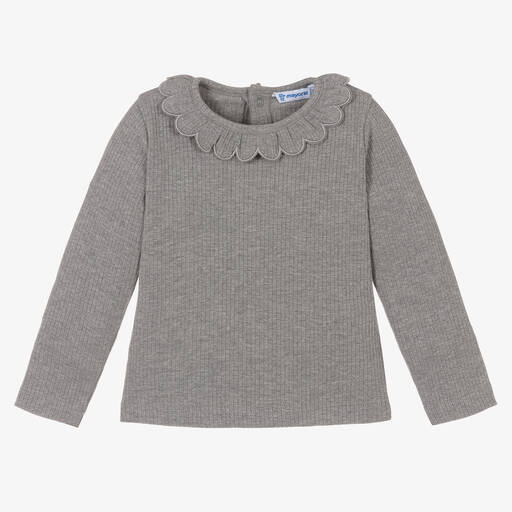 Mayoral-Girls Grey Ribbed Cotton Jersey Top | Childrensalon Outlet