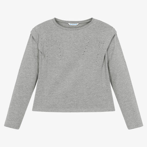 Mayoral-Girls Grey Studded Cotton T-Shirt | Childrensalon Outlet