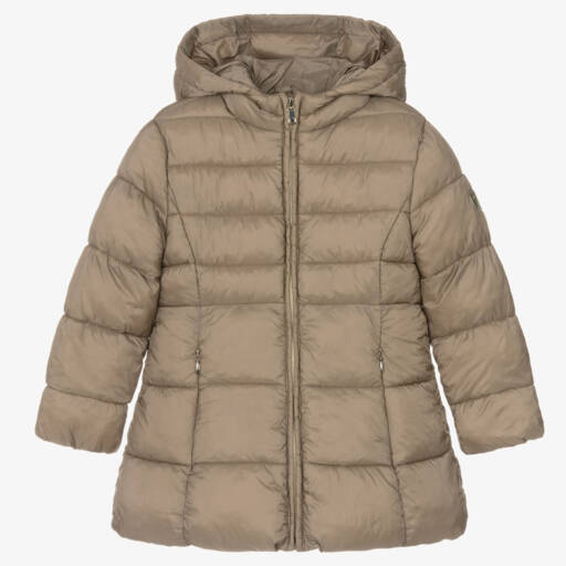 Mayoral-Girls Hooded Beige Puffer Jacket | Childrensalon Outlet