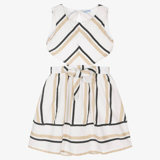 Mayoral-Girls Ivory & Beige Cotton Striped Dress | Childrensalon Outlet