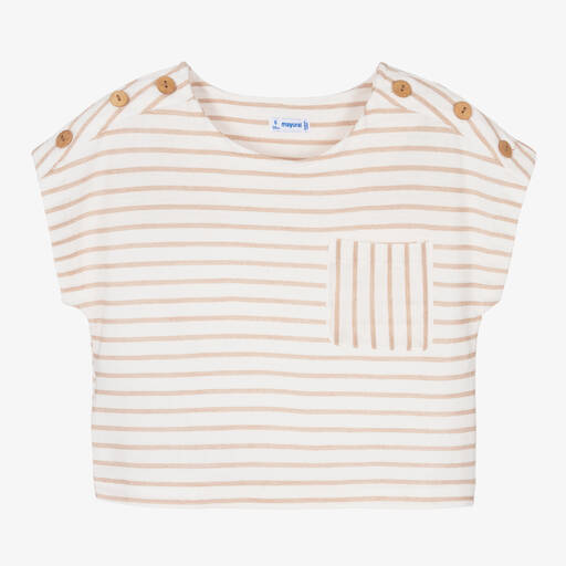 Mayoral-Girls Ivory & Beige Cotton Striped T-Shirt | Childrensalon Outlet