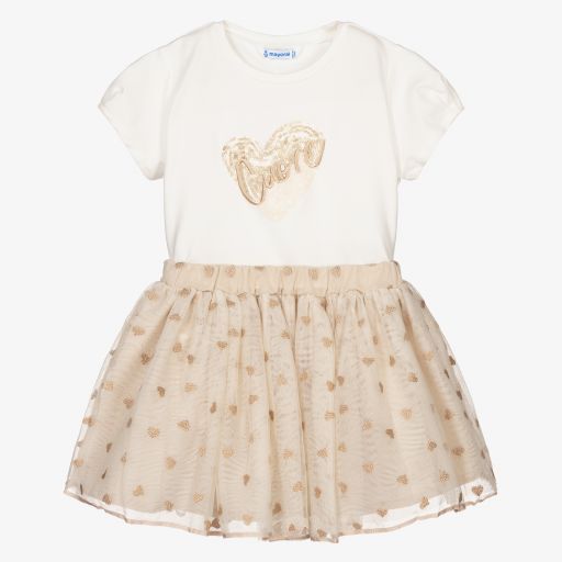 Mayoral-Кремовый топ и бежевая юбка для девочек | Childrensalon Outlet