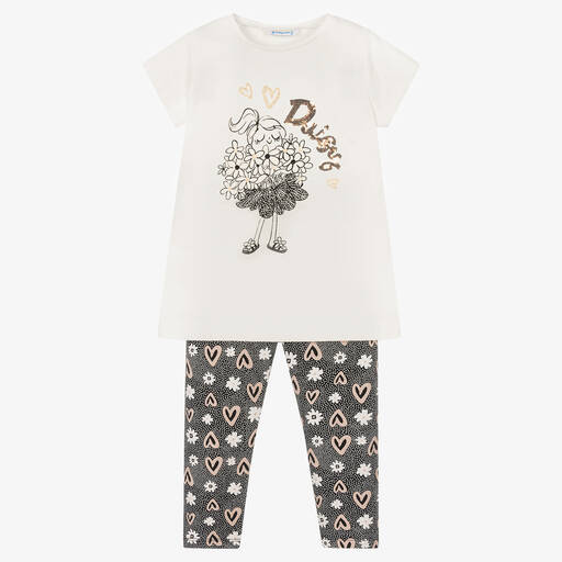 Mayoral-Girls Ivory & Black Cotton Leggings Set | Childrensalon Outlet