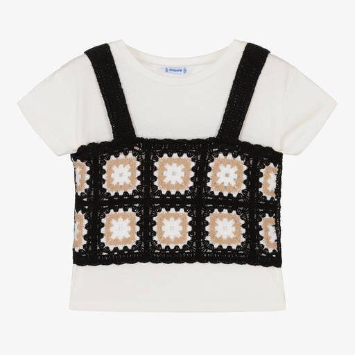 Mayoral-Girls Ivory & Black Crochet Top Set | Childrensalon Outlet