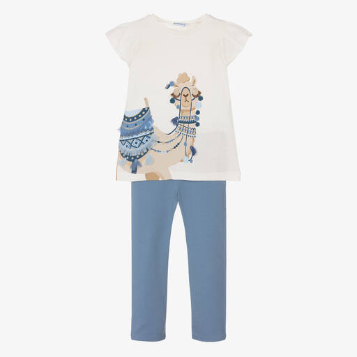Mayoral-طقم ليغنغز قطن جيرسي لون عاجي وأزرق للبنات | Childrensalon Outlet