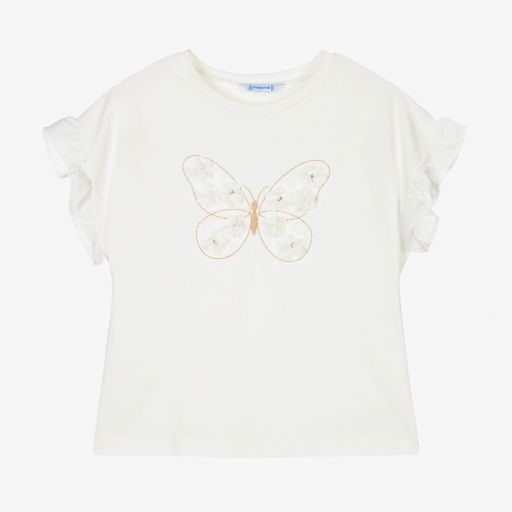Mayoral-Girls Ivory Butterfly T-Shirt | Childrensalon Outlet