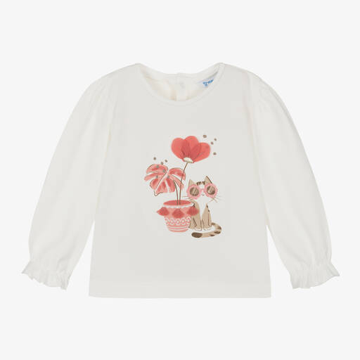 Mayoral-Girls Ivory Cat Print Cotton Jersey Top | Childrensalon Outlet