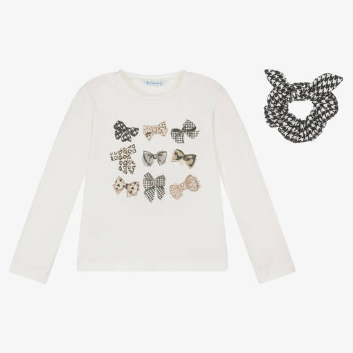 Mayoral-Girls Ivory Cotton Bow Top & Scrunchie | Childrensalon Outlet