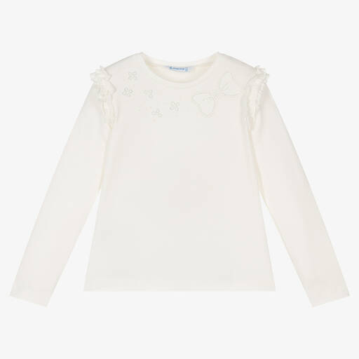Mayoral-Girls Ivory Cotton Diamanté Top | Childrensalon Outlet