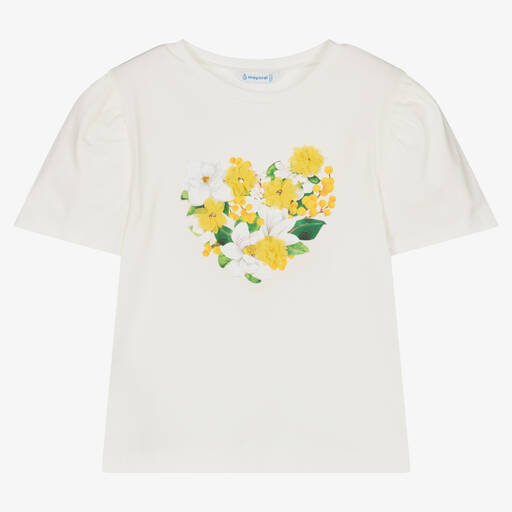 Mayoral-Girls Ivory Cotton Floral Heart T-Shirt | Childrensalon Outlet