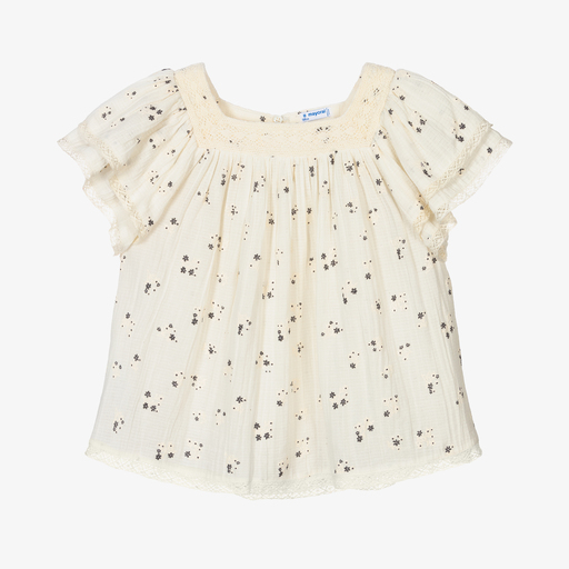 Mayoral-Кремовая хлопковая блузка с кружевом для девочек | Childrensalon Outlet