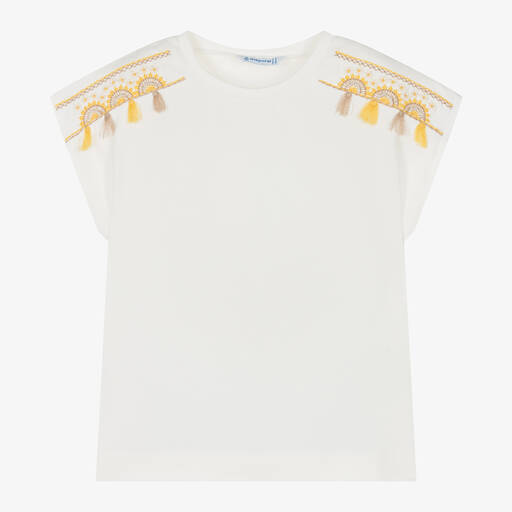 Mayoral-Girls Ivory Cotton Tassel T-Shirt | Childrensalon Outlet