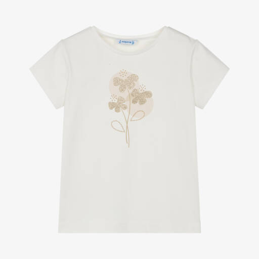 Mayoral-Girls Ivory Floral Cotton Tee | Childrensalon Outlet