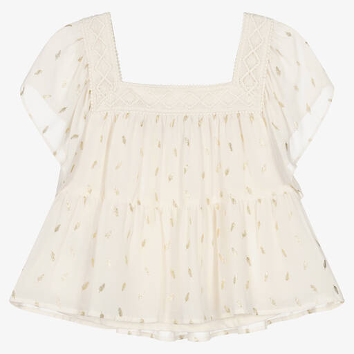 Mayoral-Girls Ivory & Gold Feather Chiffon Blouse | Childrensalon Outlet