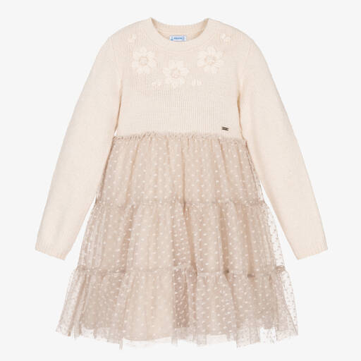 Mayoral-Girls Ivory Knit & Tulle Dress | Childrensalon Outlet