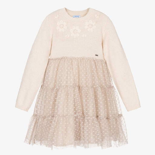 Mayoral-Кремовое платье из тюля с трикотажным верхом | Childrensalon Outlet