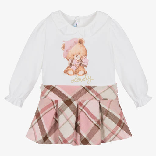 Mayoral-Кремовая блузка и розовая юбка в клетку | Childrensalon Outlet