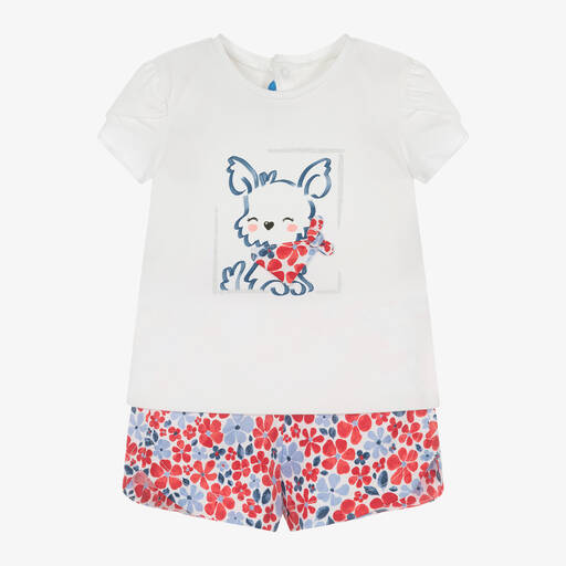 Mayoral-Girls Ivory & Red Floral Cotton Shorts Set | Childrensalon Outlet