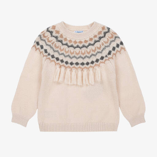 Mayoral-Girls Ivory Tasselled Fair Isle Sweater | Childrensalon Outlet