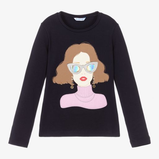 Mayoral-Girls Navy Blue Cotton Top | Childrensalon Outlet