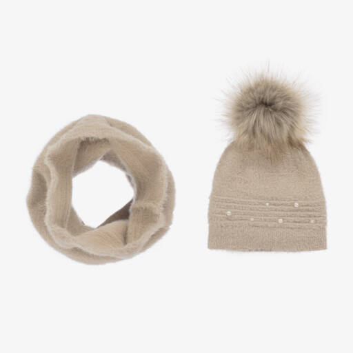 Mayoral-Girls Neutral Faux Pearl Hat & Snood Set | Childrensalon Outlet
