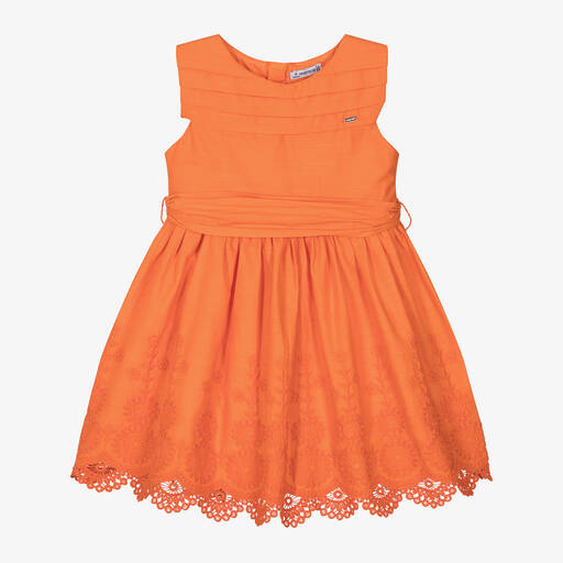 Mayoral-Girls Orange Embroidered Cotton Dress | Childrensalon Outlet