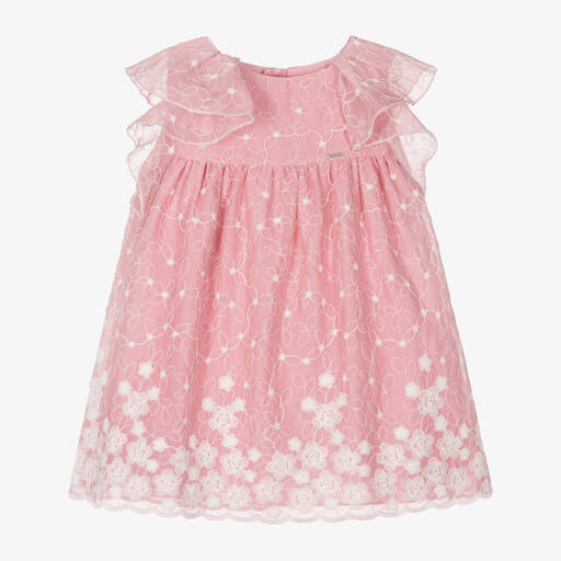 Mayoral-Girls Pink Embroidered Floral Chiffon Dress | Childrensalon Outlet