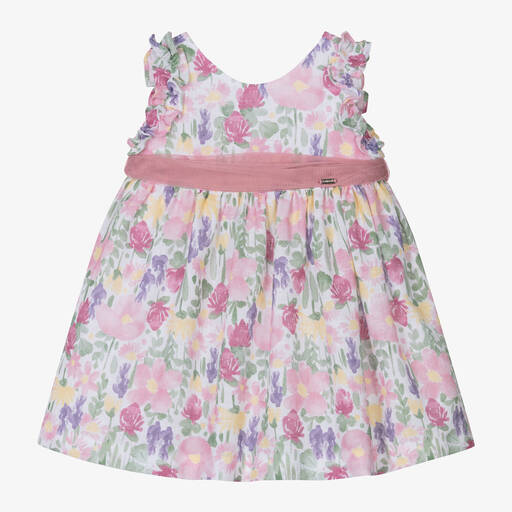 Mayoral-Girls Pink Floral Cotton Muslin Dress | Childrensalon Outlet